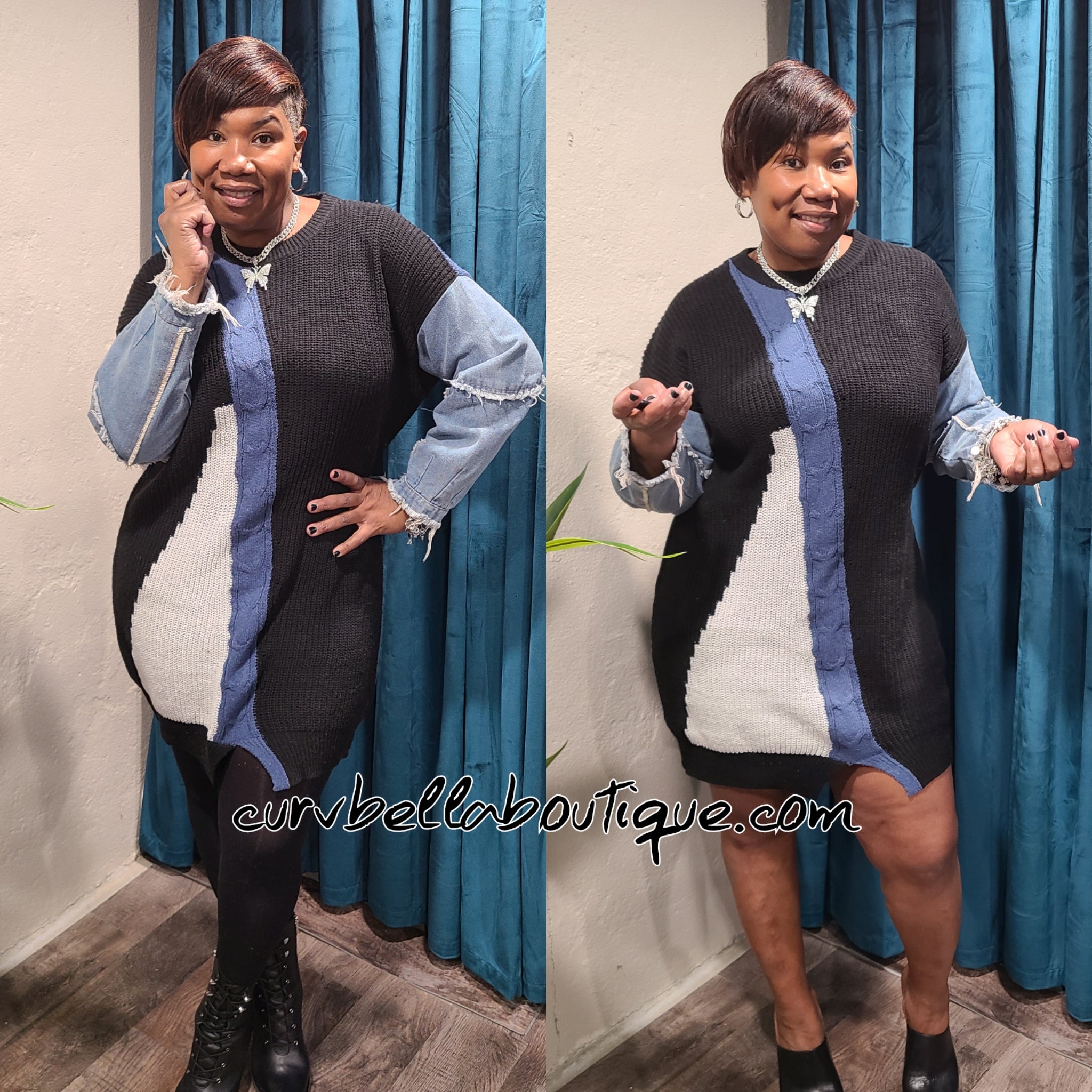 blue jean sweater dress Blue Sweater Dress - Ribbed Knit Dress - Collared Sweater Dress